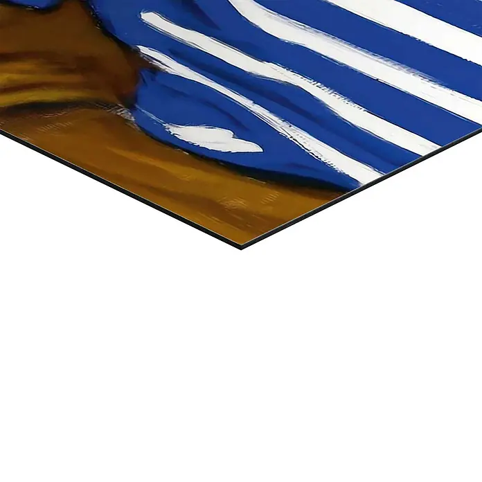 Reinders Decopanel - Coffee Break, B x H: 60 x 90 cm - Abstraktes Kunstpaneel mit blauen und weißen Streifen über einem braun-goldenen Muster.
