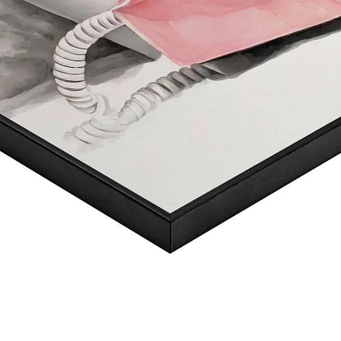 Reinders Bild Slim Frame Black - Fashion Calling, B x H: 50 x 70 cm - Gerahmter Aquarelldruck mit rosa Objekt und weißer Spiralschnur in schwarzem Rahmen.