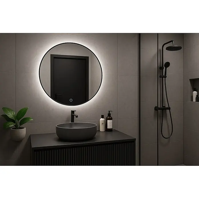 Cordia Lichtspiegel - 80 x 80 cm, Schwarz - Moderner Badezimmer-Waschtisch mit rundem beleuchtetem Spiegel, schwarzem Aufsatzwaschbecken und schwarzem gerillten Schrank auf grauen Fliesen.