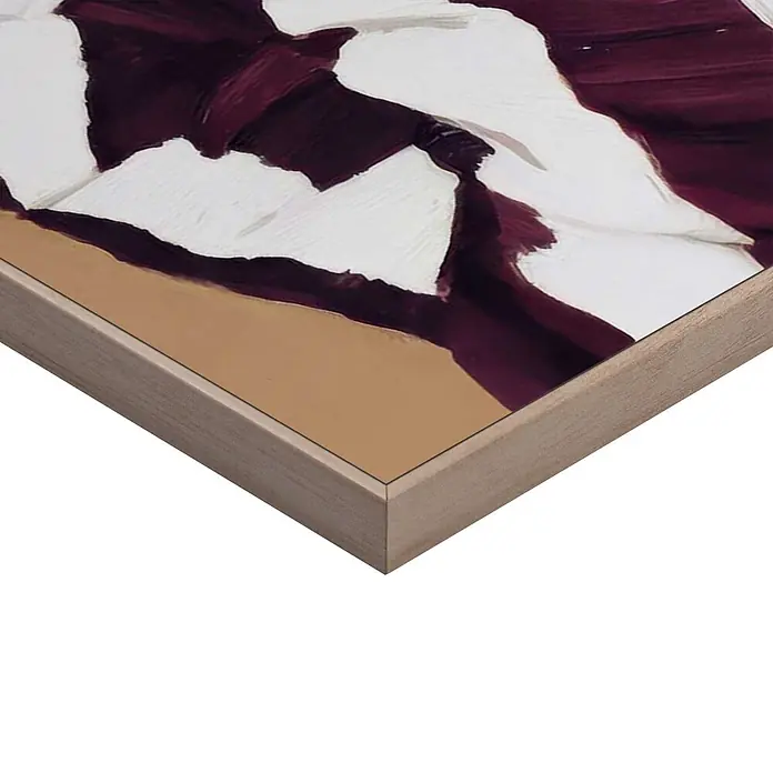 Reinders Bild Slim Frame Wood - Hiding, B x H: 50 x 70 cm - Abstraktes Kunstwerk mit weinroten, weißen und beigen Farben in einem hellen Holzrahmen.