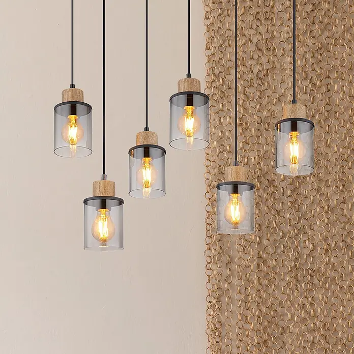 Globo Pendelleuchte Reid - 15 W, L x B x H: 62 x 18 x 120 cm, Natur, Schwarz, E27 - Sechs moderne Pendelleuchten mit klaren Glasschirmen, Holz- und schwarzen Akzenten, mit beleuchteten Glühfadenlampen.