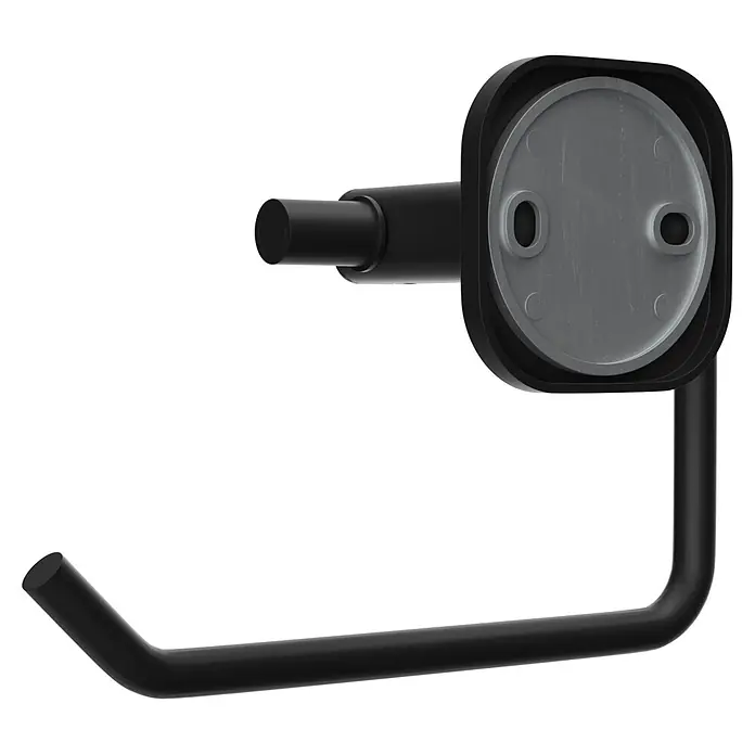 Venus Toilettenpapierhalter Prag - Schwarz, Matt - Schwarzer Wand-Toilettenpapierhalter mit quadratischem Sockel und offenem Arm. Montageplatte sichtbar.
