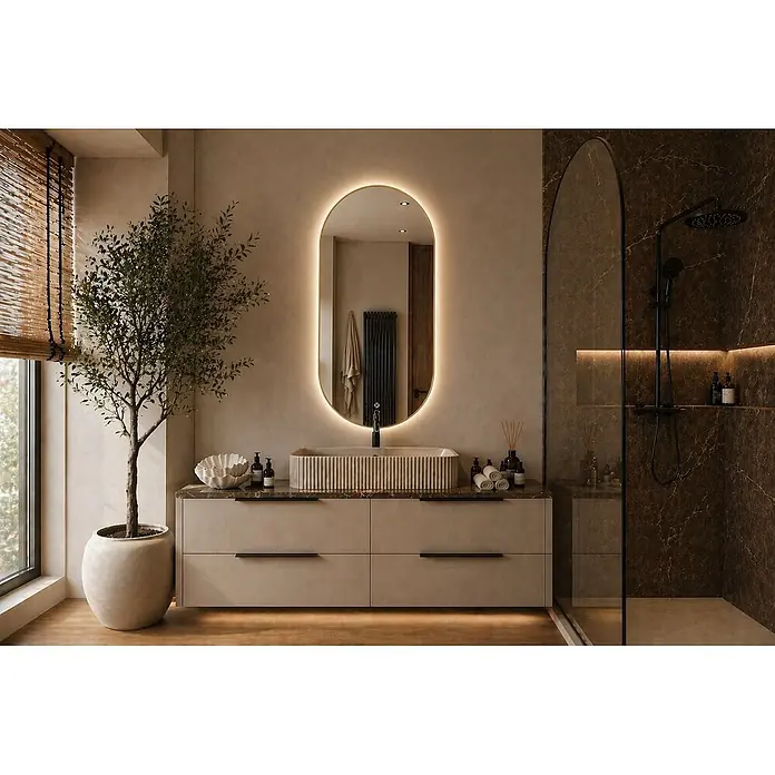 Cordia Lichtspiegel - 50 x 100 cm, Gold - Modernes Badezimmer mit ovalem, beleuchtetem Spiegel, strukturiertem Waschbecken auf hellem Waschtisch, großer Pflanze und Dusche mit dunkler Marmorwand.