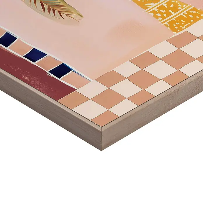 Reinders Bild Slim Frame Wood - Boho Palm, B x H: 30 x 40 cm - Nahaufnahme eines gerahmten Kunstwerks mit abstrakten Mustern in Pink, Pfirsich, Blau und Braunrot, eingefasst in einen hellen Holzrahmen.