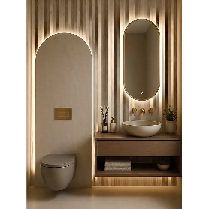 Cordia Lichtspiegel - 50 x 100 cm, Gold - Modernes Badezimmer in warmen Naturtönen. Mit Holzwaschtisch, Aufsatzwaschbecken, goldfarbenen Armaturen, beleuchtetem Spiegel und Wand-WC.