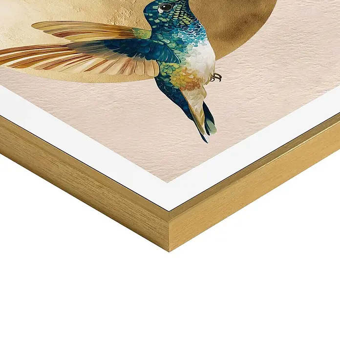 Reinders Bild Slim Frame Gold - Dancing Hummingbirds, B x H: 30 x 40 cm - Nahaufnahme eines gerahmten Kolibri-Kunstdrucks mit goldenem Holzrahmen und weißem Passepartout.