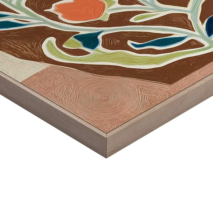 Reinders Bild Slim Frame Wood - Botanical Vase, B x H: 40 x 50 cm - Ecke eines abstrakten Kunstwerks mit texturierten Blumenmustern in Braun-, Grün- und Orangetönen, in einem hellen Holzrahmen.