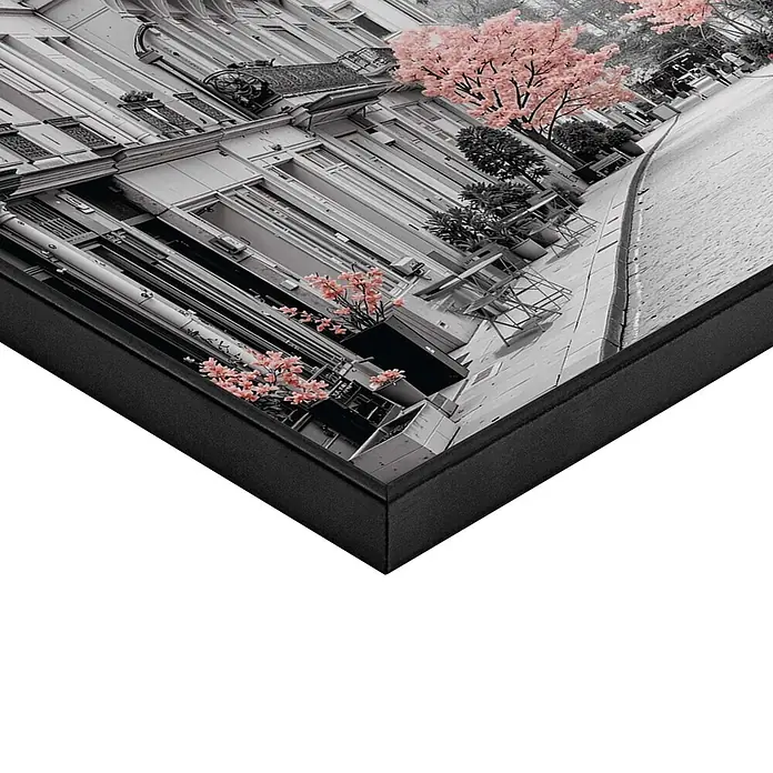 Reinders Bild Slim Frame Black - Paris Street, B x H: 30 x 40 cm - Schwarz gerahmter Druck mit einer gekippten Schwarz-Weiß-Stadtszene und selektiv gefärbten rosa Blüten.