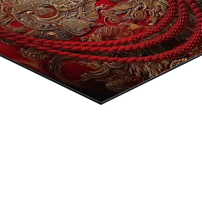 Reinders Decopanel - Crowned Lion, B x H: 60 x 90 cm - Nahaufnahme eines verzierten gold-roten Stoffes mit komplizierten Mustern, überlagert von dicken geflochtenen roten Seilen.