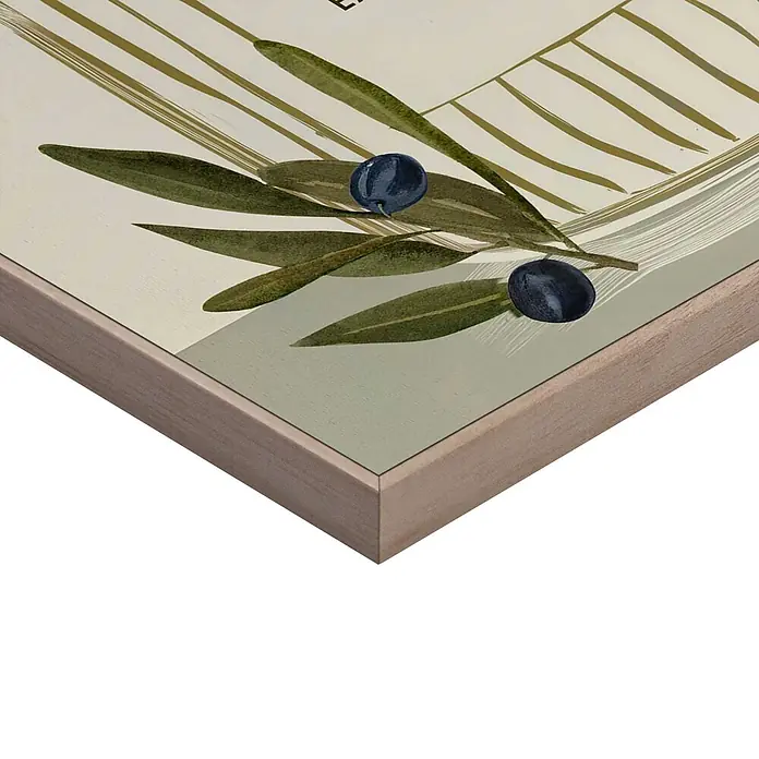 Reinders Bild Slim Frame Wood - Olive Oil Bottle, B x H: 30 x 40 cm - Helles braunes gerahmtes Kunstwerk mit Olivenzweig, dunklen Oliven und goldfarbenen Pinselstrichen, aus der Ecke gesehen.