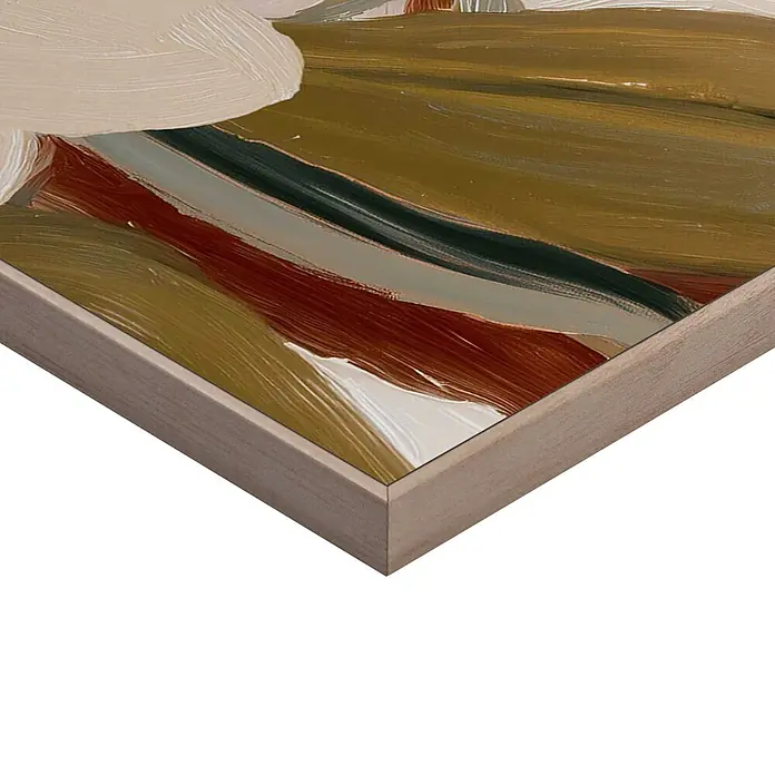 Reinders Bild Slim Frame Wood - Loro, B x H: 50 x 50 cm - Abstraktes Gemälde mit kräftigen erdigen Pinselstrichen (Grün, Braun, Creme) in hellem Holzrahmen, von der Ecke gesehen.