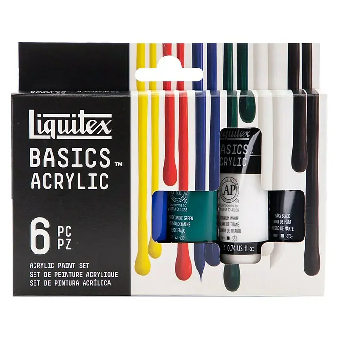 Liquitex Basics Acrylfarben-Set - Farbig sortiert, 6 Stk. x 22 ml, Tube - Eine Packung Liquitex Basics Acrylfarben, bestehend aus sechs Farben, ideal für Kunstprojekte und zum Erlernen der Acrylmalerei.