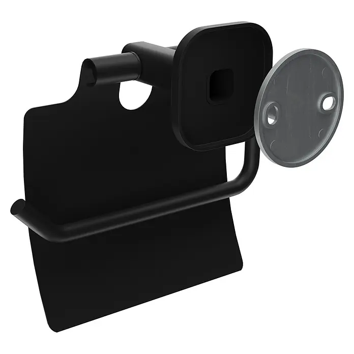 Venus Toilettenpapierhalter Prag - Schwarz, Matt, Mit Deckel - Schwarzer Toilettenpapierhalter mit rechteckiger Rückplatte und runder grauer Montageplatte.