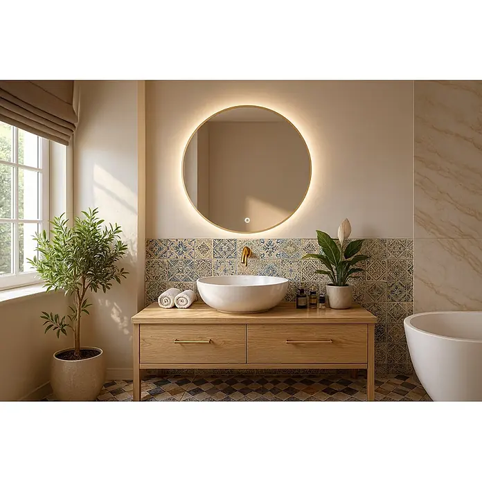 Cordia Lichtspiegel - 80 x 80 cm, Gold - Modernes Badmöbelset mit Holzunterschrank, weißem Aufsatzwaschbecken, Messinghahn und rundem, hinterleuchtetem Spiegel.