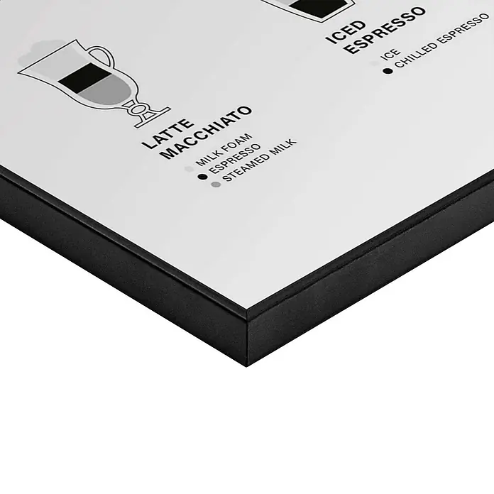 Reinders Bild Slim Frame Black - Coffee, B x H: 50 x 70 cm - Schwarz gerahmtes Poster mit Illustrationen und Beschreibungen von Kaffeegetränken, darunter Latte Macchiato und Iced Espresso.