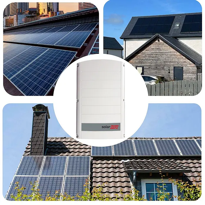 Sunniva Photovoltaik-Anlage Solaranlage 7 kW - L x B x H: 1.910 x 1.134 x 30 mm - Weißer SolarEdge Wechselrichter mit Logo, umgeben von verschiedenen Solaranlagen auf Dächern.