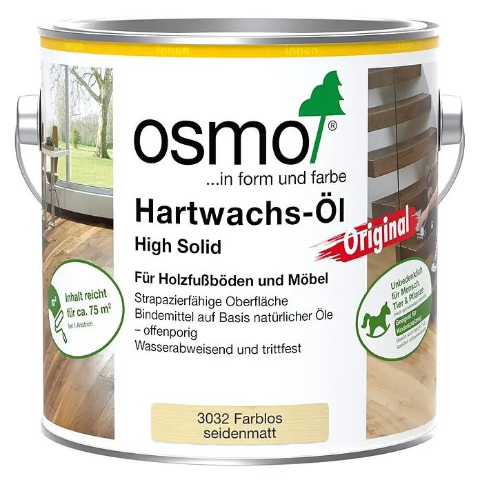 Osmo High Solid Hartwachsöl Original 3032 - Farblos, 2,5 l, Seidenmatt - Osmo Hartwachs-Öl High Solid, farbloses seidenmattes Hartwachsöl für Holzfußböden und Möbel.