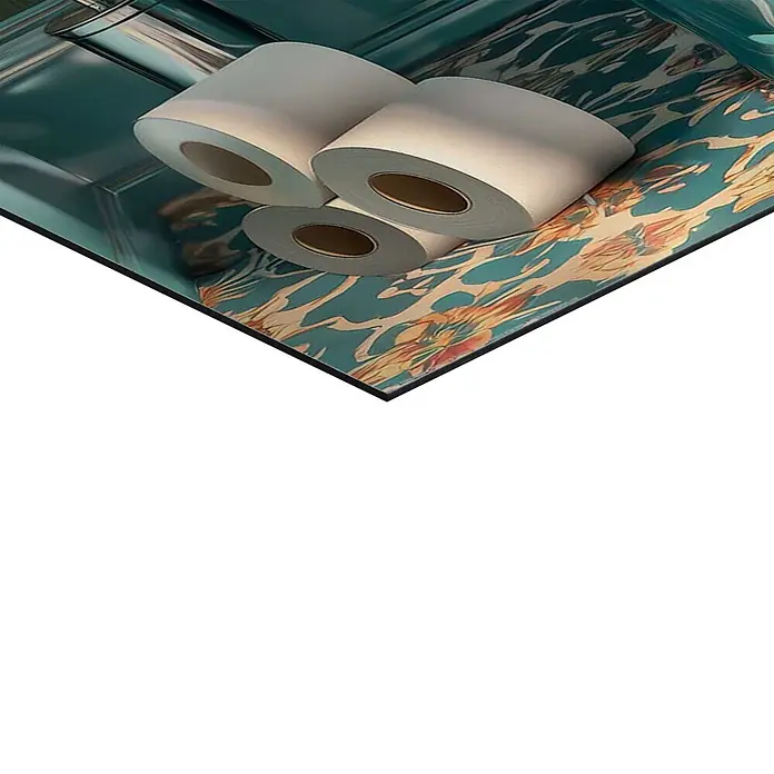 Reinders Decopanel - Chimp Toilet, B x H: 60 x 90 cm - Drei weiße Toilettenpapierrollen auf einer türkis-orange gemusterten Oberfläche.