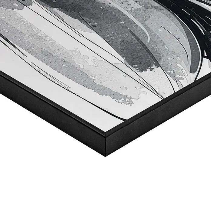 Reinders Bild Slim Frame Black - Fashion Glasses, B x H: 50 x 70 cm - Ecke eines gerahmten abstrakten Kunstwerks mit dynamischen Schwarz-Weiß-Pinselstrichen in einem schlanken schwarzen Rahmen.