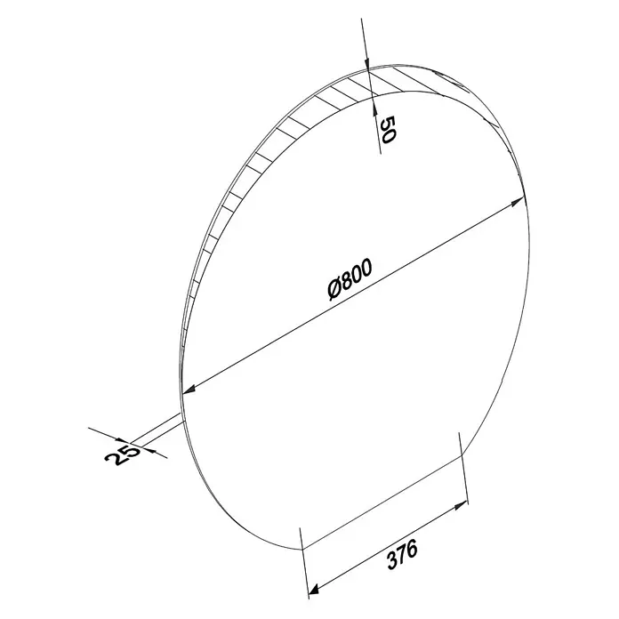 Cordia Lichtspiegel - 80 x 77,8 cm, Silber - Technische Zeichnung eines runden Scheibensegments, Ø800, mit Höhen 50 und 25, und Sehnenlänge 376.