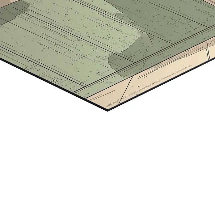 Reinders Decopanel - Japandi Toilet Cat, B x H: 40 x 50 cm - Ecke eines stilisierten grün-beigen Grafikdrucks mit Produktionsdetails am unteren Rand.