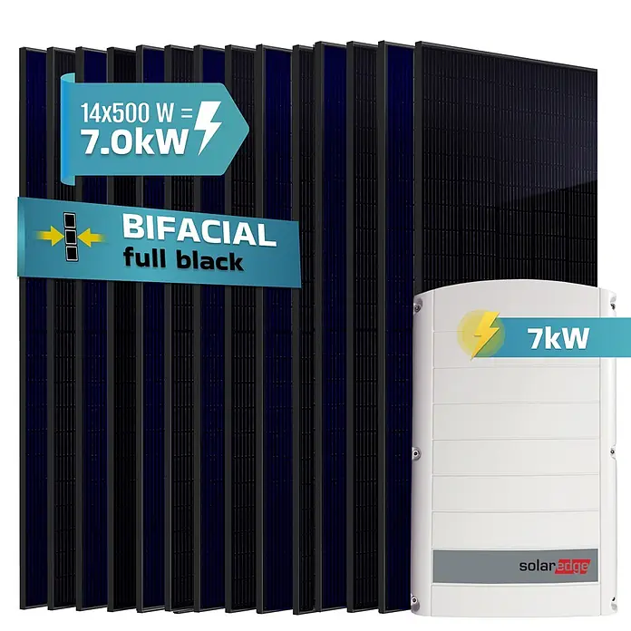 Sunniva Photovoltaik-Anlage Solaranlage 7 kW - L x B x H: 1.910 x 1.134 x 30 mm - Schwarze bifaziale Solarmodule (14x500W=7kW) und ein weißer SolarEdge 7kW Wechselrichter.