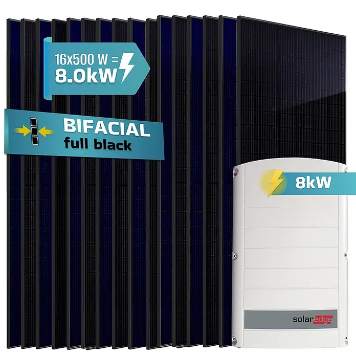 Sunniva Photovoltaik-Anlage Solaranlage 8 kW - L x B x H: 1.910 x 1.134 x 30 mm - 16 komplett schwarze bifaziale Solarmodule und ein 8kW SolarEdge Wechselrichter als komplettes Solarsystem.