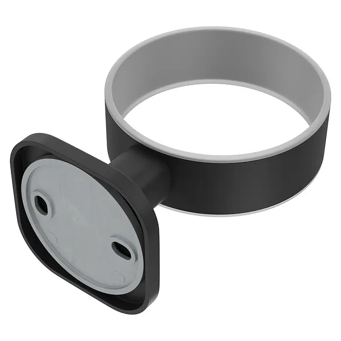 Venus Zahnputzbecher Prag - Edelstahl, Schwarz - Schwarz-grauer wandmontierter Halter mit offenem Ring und rechteckiger Basis mit Schraublöchern, von oben gesehen.