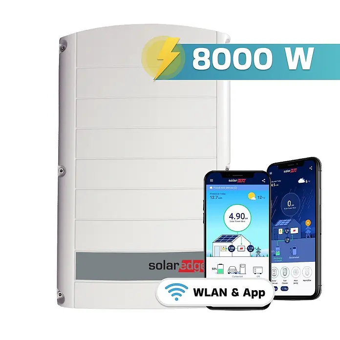 Sunniva Photovoltaik-Anlage Solaranlage 8 kW - L x B x H: 1.910 x 1.134 x 30 mm - Weiß-grauer SolarEdge 8000W Solarwechselrichter mit Smartphone-App zur Leistungsüberwachung und WLAN-Konnektivität.