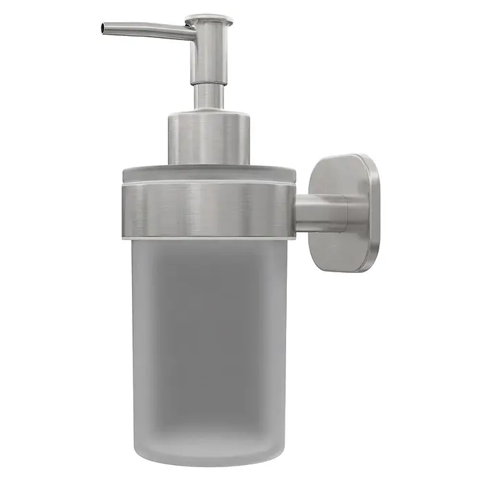 Venus Seifenspender Prag - Edelstahl, Edelstahl - Wandmontierter Seifenspender aus gebürstetem Edelstahl mit mattiertem Glasbehälter.
