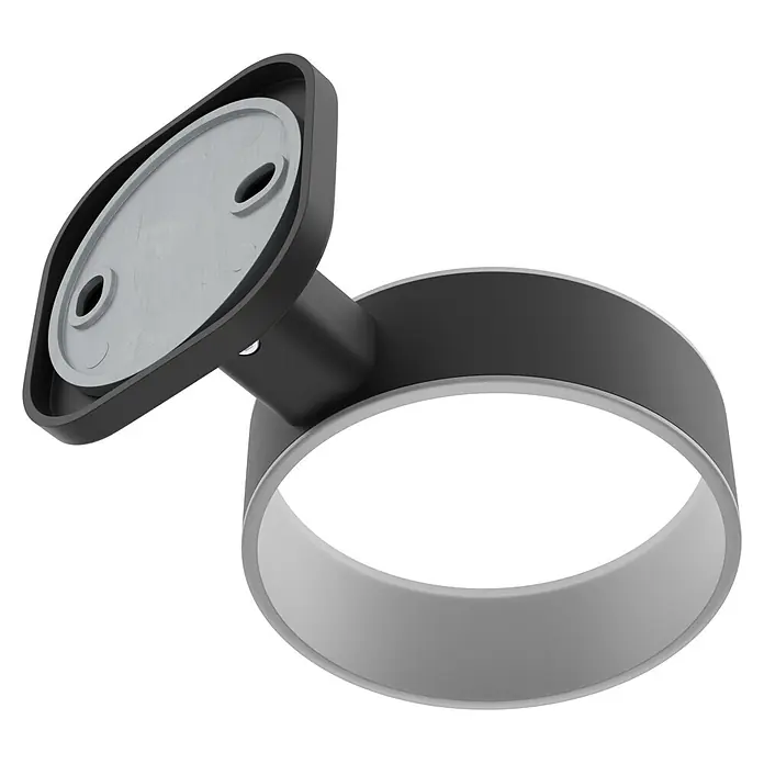 Venus Zahnputzbecher Prag - Edelstahl, Schwarz - Schwarze und graue Wandhalterung mit ovaler Grundplatte und zylindrischem Ringhalter, zwei Schraubenlöcher.