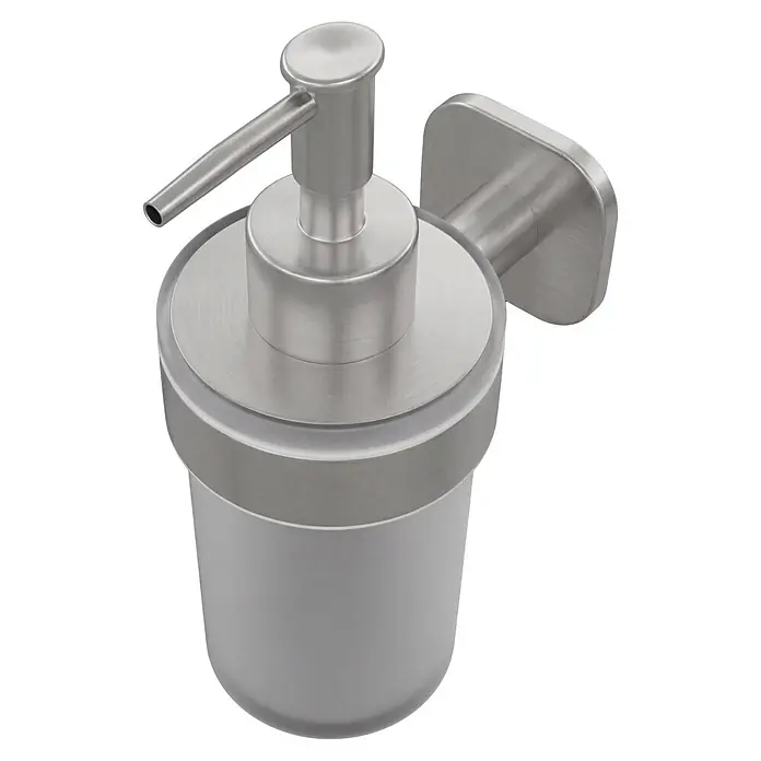 Venus Seifenspender Prag - Edelstahl, Edelstahl - Gebürsteter Edelstahl Wandseifenspender mit Milchglasbehälter.