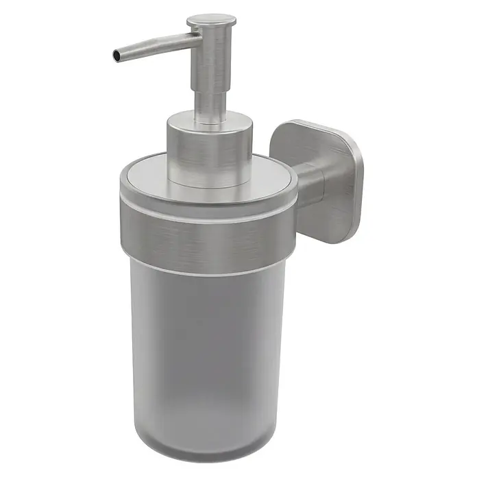 Venus Seifenspender Prag - Edelstahl, Edelstahl - Wandmontierter Seifenspender mit Pumpe aus gebürstetem Metall und gefrostetem Behälter.