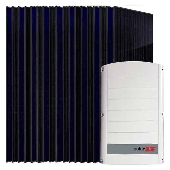 Sunniva Photovoltaik-Anlage Solaranlage 9 kW - L x B x H: 1.910 x 1.134 x 30 mm - Schwarze und blaue Solarmodule neben einem weißen SolarEdge Wechselrichter mit grauem Logostreifen.
