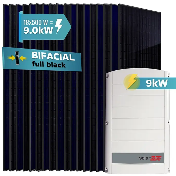 Sunniva Photovoltaik-Anlage Solaranlage 9 kW - L x B x H: 1.910 x 1.134 x 30 mm - Schwarze bifaziale Solarmodule (9kW gesamt) mit einem weißen SolarEdge Wechselrichter.