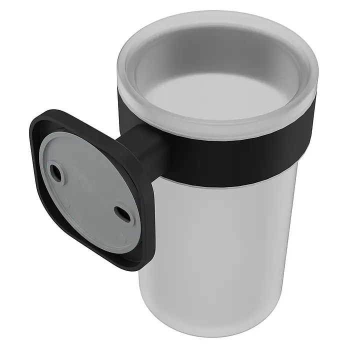 Venus Zahnputzbecher Prag - Edelstahl, Schwarz - Wandmontierter Zahnputzbecherhalter mit mattweißem Becher und schwarzer Halterung.