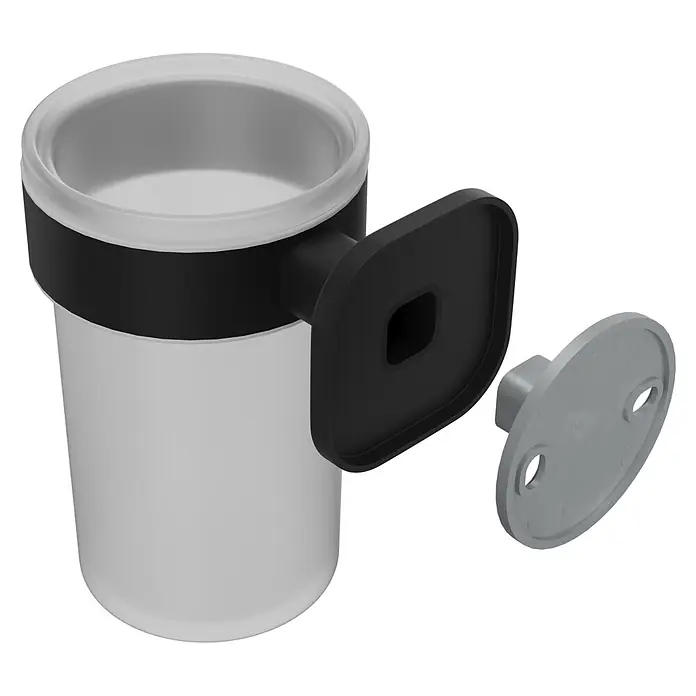 Venus Zahnputzbecher Prag - Edelstahl, Schwarz - Wandmontierter Becherhalter mit mattweißem Becher, schwarzem Band und schwarzer Halterung, mit grauer Montageplatte.