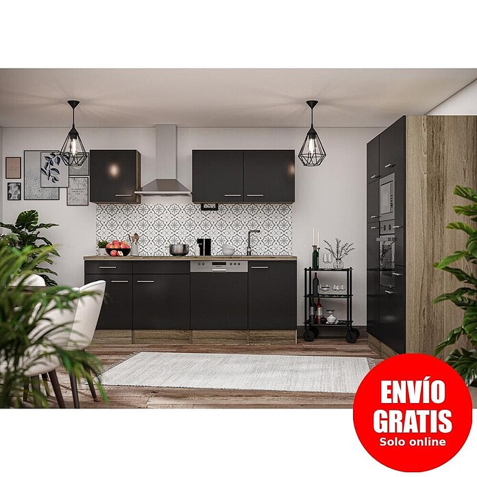Respekta Composición de cocina (Ancho: 370 cm, Con dispositivos eléctricos, Brillo satinado negro)