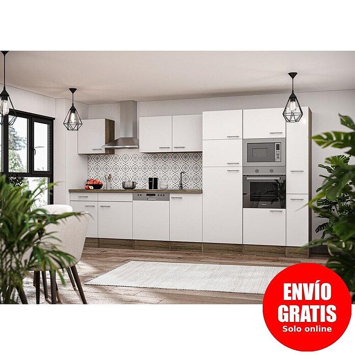 Respekta Composición de cocina (Ancho: 370 cm, Con dispositivos eléctricos, Brillo satinado blanco)