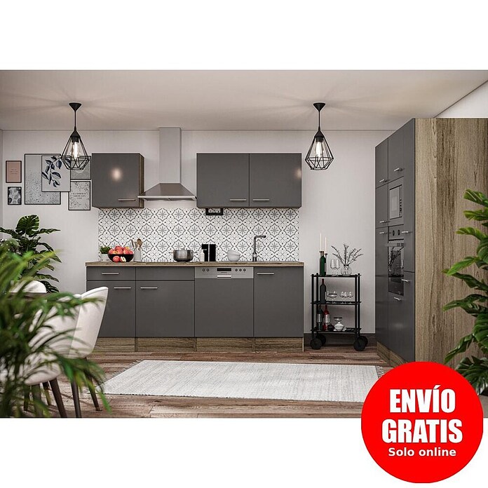 Respekta Composición de cocina (Ancho: 370 cm, Con dispositivos eléctricos, Brillo satinado gris)