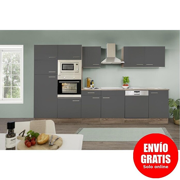 Respekta Composición de cocina (Ancho: 340 cm, Con dispositivos eléctricos, Brillo satinado gris)