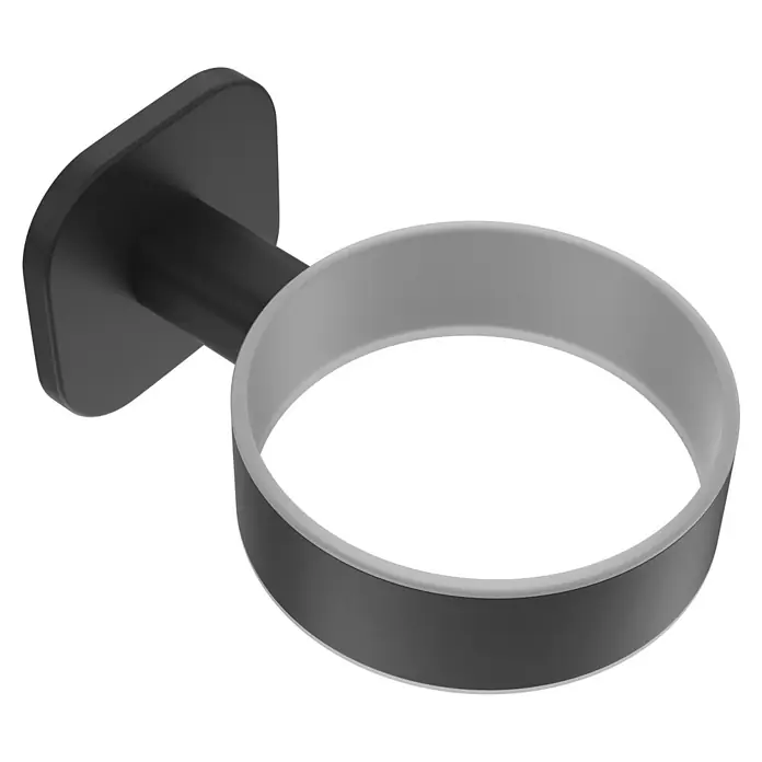 Venus Zahnputzbecher Prag - Edelstahl, Schwarz - Schwarze Wandhalterung mit grauem Innenring für runde Gegenstände.