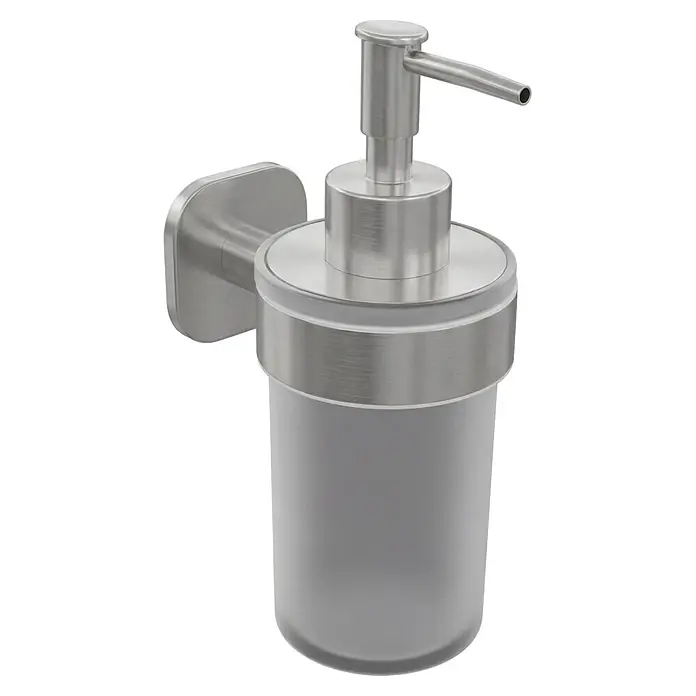 Venus Seifenspender Prag - Edelstahl, Edelstahl - Wandmontierter Seifenspender mit gebürsteter Metallpumpe und Halterung sowie mattiertem Behälter.