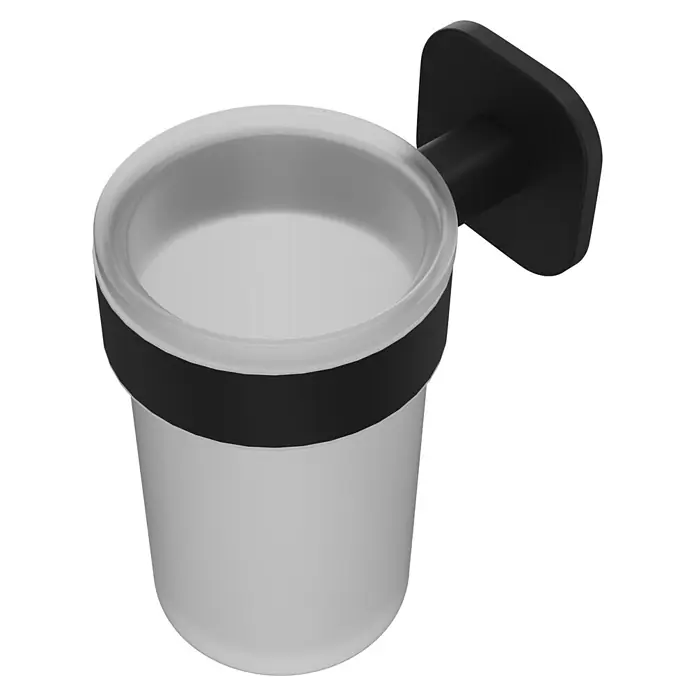 Venus Zahnputzbecher Prag - Edelstahl, Schwarz - Wandmontierter Zahnbürstenhalter mit mattgrauem Becher, schwarzem Band und schwarzer Halterung.