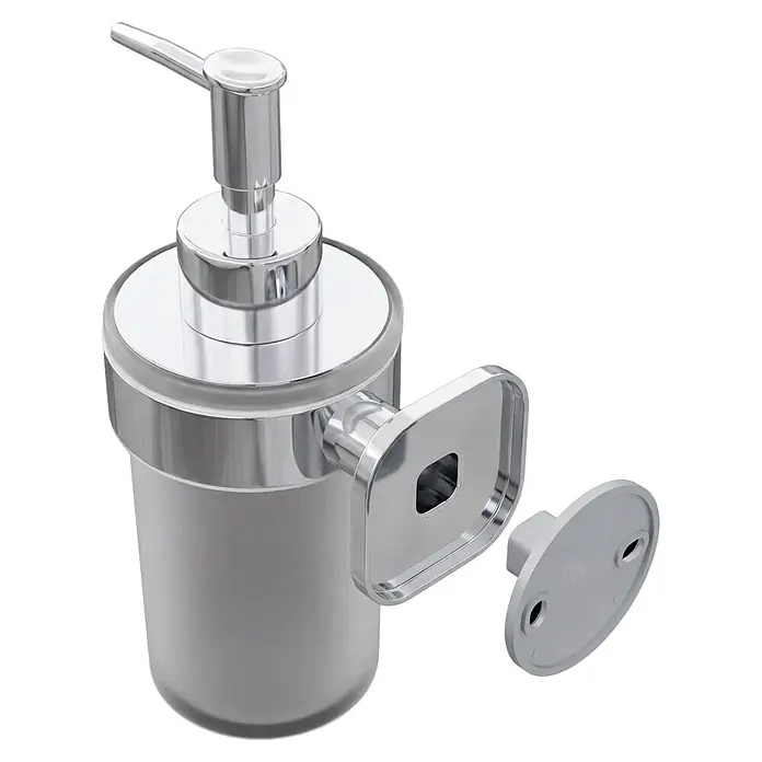 Venus Seifenspender Prag - Edelstahl, Chrom - Polierter Chrom-Seifenspender mit mattem Glasbehälter, Wandhalterung und separater Wandplatte.