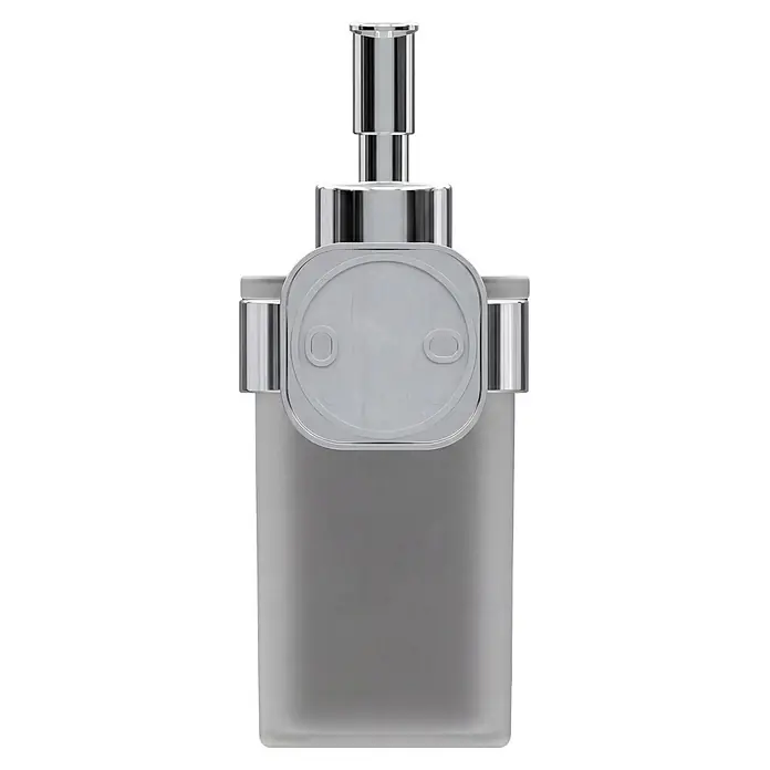 Venus Seifenspender Prag - Edelstahl, Chrom - Frosted graue, rechteckige Flasche mit silbernem Pumpspender und dekorativem silbernem Akzent.