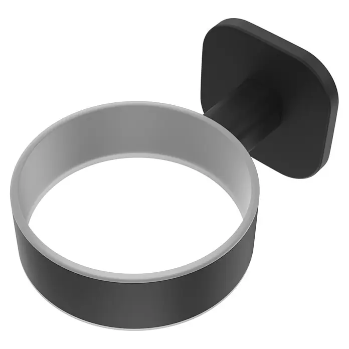 Venus Zahnputzbecher Prag - Edelstahl, Schwarz - Wandhalterung mit schwarzem Rechtecksockel, schwarzem Arm und zweifarbigem Rundring (dunkelgrau außen, hellgrau innen).