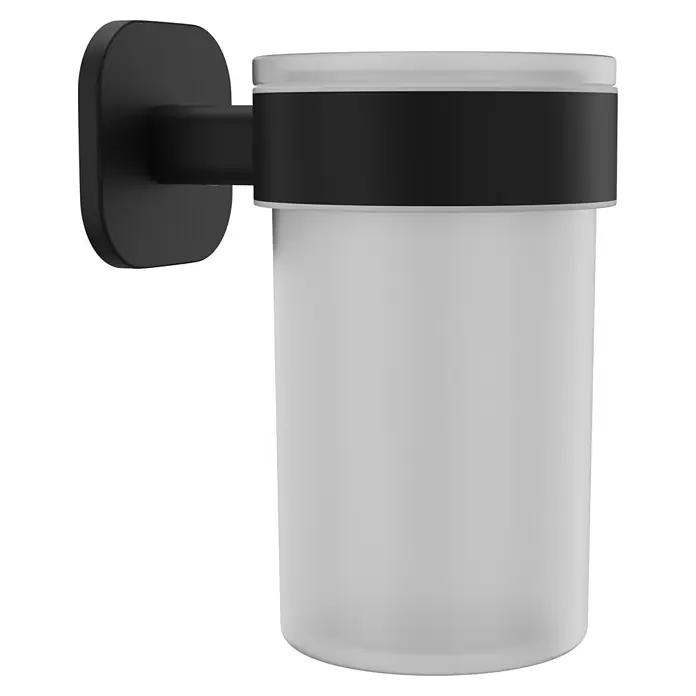 Venus Zahnputzbecher Prag - Edelstahl, Schwarz - Wandmontierter Becherhalter aus schwarzem Metall und Milchglas für das Bad.