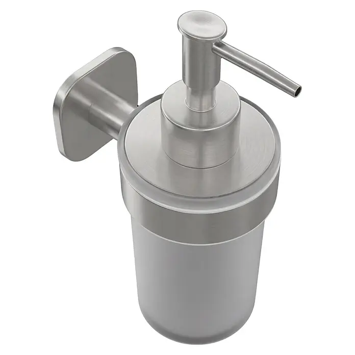 Venus Seifenspender Prag - Edelstahl, Edelstahl - Wandmontierter Seifenspender mit Pumpe und Halterung aus gebürstetem Edelstahl und mattiertem Glasbehälter.