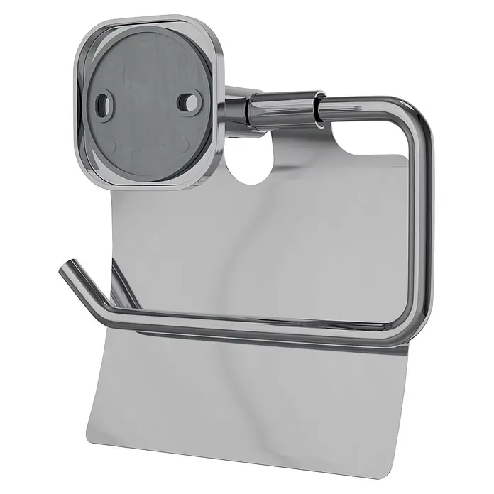 Venus Toilettenpapierhalter Prag - Chrom, Glänzend, Mit Deckel - Polierter Chrom-Toilettenpapierhalter mit rechteckiger Basis, flacher Platte und gebogener Stange.
